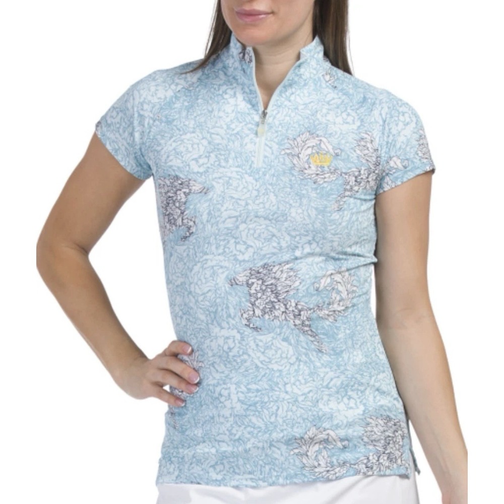 Kastel Denmark Blue Top Womens L Floral 1/4 Zip Golf Equestrian Sun Top UPF 30